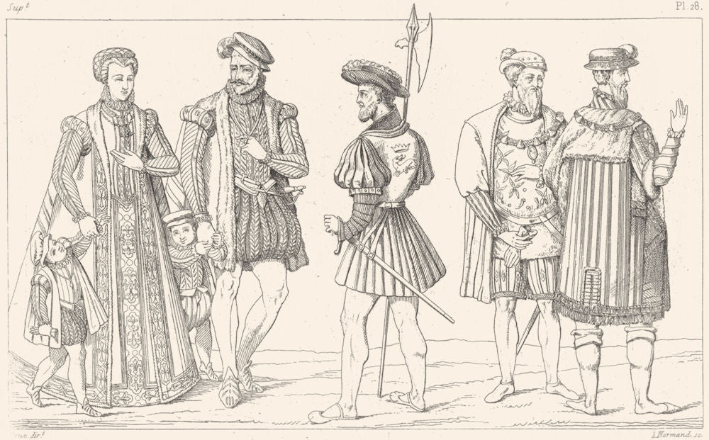 FRANCE. Costumes. Famille de qualite(1572); Archer; Seigneurs a mode(1540) 1875